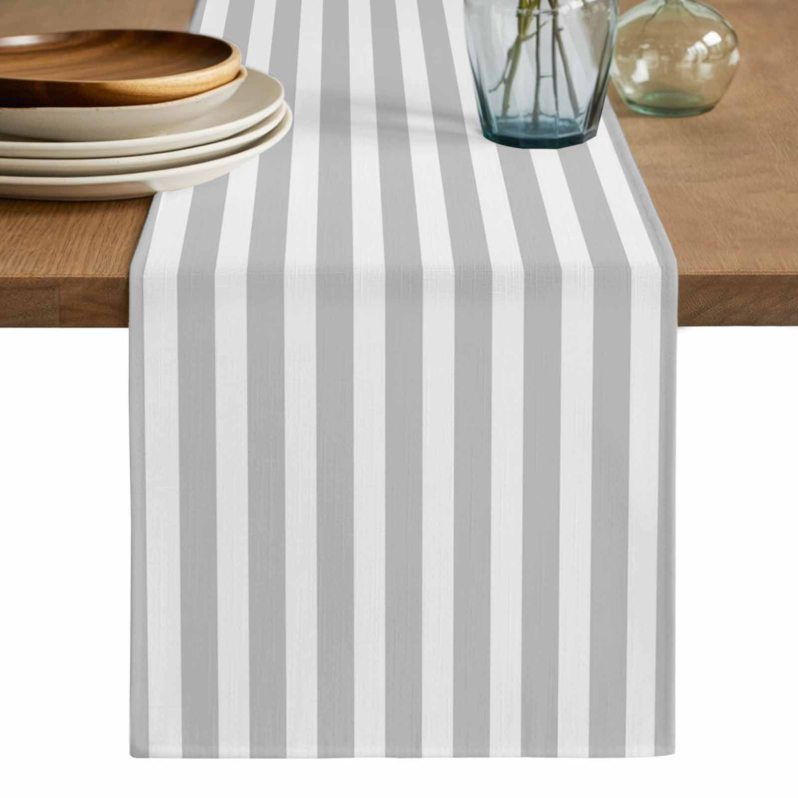 Grey Striped Table Runner, Modern Farmhouse Gray White Stripes Washable Cotton Linen Table Runners 72 Inches Long, Dresser Scarf Runner for Dining/Coffee/Kitchen/TV Stands/Cabinets 13''x72''
