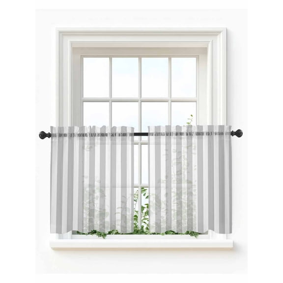 Grey Striped Tier Curtains 36 Inch Length,Sheer Curtains for Bedroom Living Room Window Modern Farmhouse Gray White Stripes Rod Pocket Drapes Kitchen Curtains Small Half Window 27.5"x36" 2 Panels