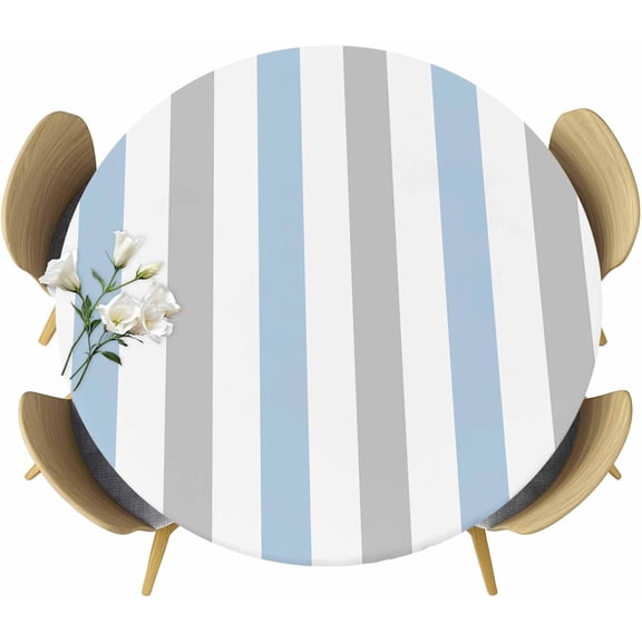 Grey Striped Vinyl Outdoor Round Fitted Tablecloth with Elastic Edge-Waterproof, Geometric Ombre Vertical Stripes Minimalist Table Cover Protector for Indoor Outdoor Patio Dinning Picnic Party 36"-44"