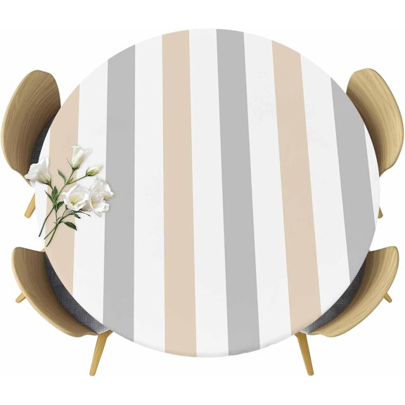 Grey Striped Vinyl Outdoor Round Fitted Tablecloth with Elastic Edge-Waterproof, Geometric Ombre Vertical Stripes Minimalist Table Cover Protector for Indoor Outdoor Patio Dinning Picnic Party 36"-44"