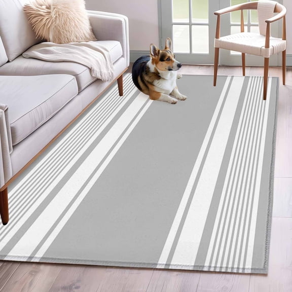 Grey Striped Washable Area Rug 3x5 Modern Classic Stripe Rustic Country Farmhouse Low-Profile Small Area Rugs with Non Slip Backing Indoor Floor Carpet for Entrance Living Room Bedroom Home Office