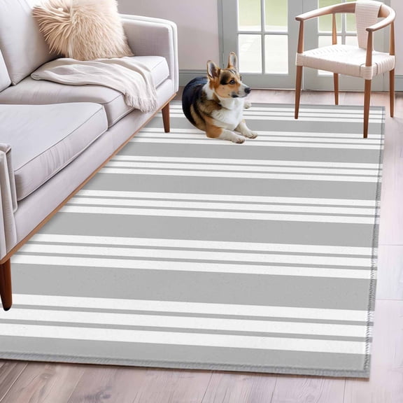 Grey Striped Washable Area Rug 3x5 Modern Classic Stripes Rustic Country Farmhouse Low-Profile Small Area Rugs with Non Slip Backing Indoor Floor Carpet for Entrance Living Room Bedroom Home Office