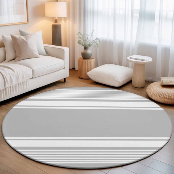 Grey Striped Washable Round Area Rug 7 ft, Modern Classic Stripe Rustic Country Farmhouse Soft Non Slip Rugs Stain Repellent Indoor Felt Carpet for Living Dining Room Bedroom Home Office