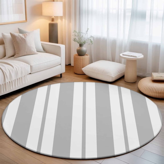 Grey Striped Washable Round Area Rug 8 ft, Modern Stripes Farmhouse Rustic Country Soft Non Slip Rugs Stain Repellent Indoor Felt Carpet for Living Dining Room Bedroom Home Office