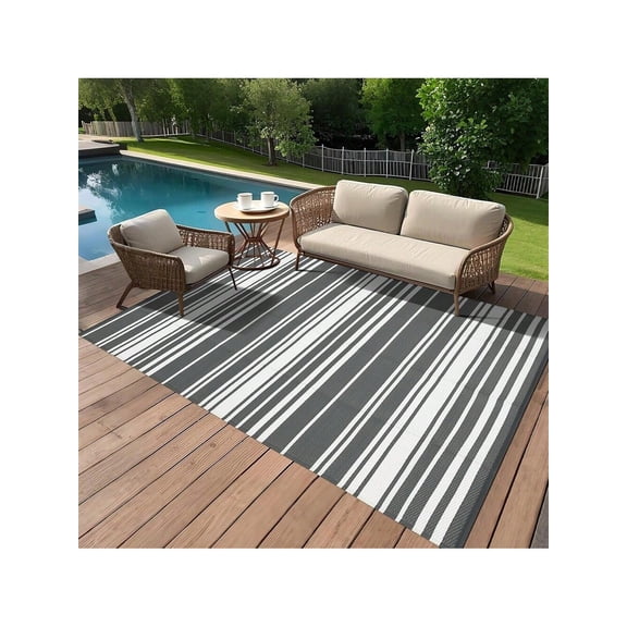 Grey Striped Waterproof Outdoor Rug 9x12ft Plastic Straw Patio Mat For Deck Porch Backyard