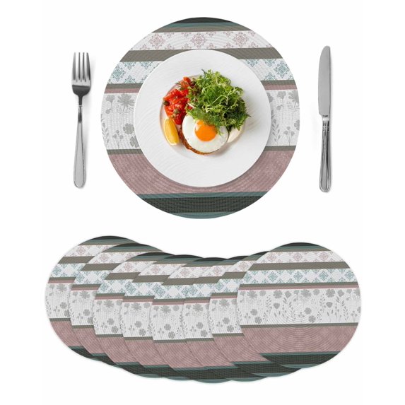 Grey Stripes Abstract Round 15 Inch Placemats Set of 8, Geometric Spring Flowers Country HeatResistant Non Slip Place Mats for Dining Table, Wipeable Braided Kitchen Table Mats for Housewarming