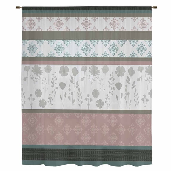 Grey Stripes Abstract Sheer Curtains 54 Inches Long, Geometric Spring Flowers Country Light Filering Curtains, Breathable Simi Curtain Privacy Drapes for Kitchen Bathroom Small Window Treatment