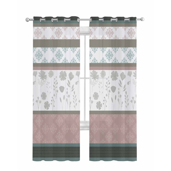 Grey Stripes Abstract Sheer Curtains 63 Inch Length 2 Panels Set for Living Room/Bedroom, Geometric Spring Flowers Country Kitchen Curtains Grommet Semi-Sheer Curtains Window Treatments 42"x63"x2