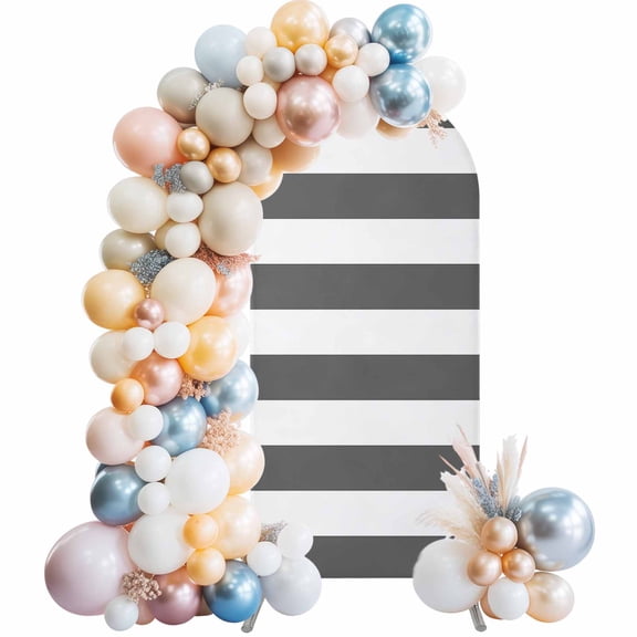 Grey Stripes Arch Backdrop Cover 6.6x3.3 Ft, Spandex Wedding Arch Stand Cover, Simple Gray White Texture Round Top Stretch Fitted Background Covers for Birthday Ceremony Party Decor