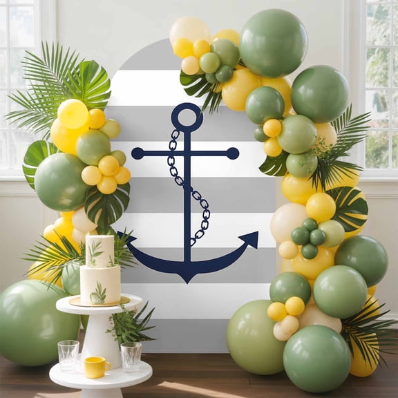 Grey Stripes Arch Backdrop Cover, 7.2FT, Anchor Nautical Geometric Spandex Arch Covers Double-Sided Backdrop for Wedding Birthday Party Photo Background Decoration