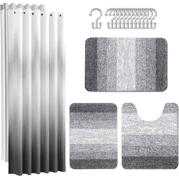 Grey Stripes Bathroom Sets with Shower Curtain and Rugs, Ombre Modern Abstract Vintage Waterproof Shower Curtain Liner and Soft Non Slip Bath Mat for Bathroom Decor and Accessories Hooks