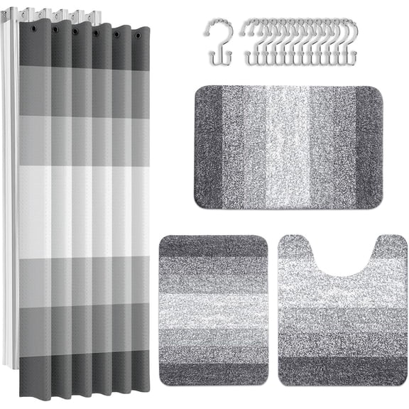 Grey Stripes Bathroom Sets with Shower Curtain and Rugs Ombre Modern Minimalist Striped Waterproof Shower Curtain Liner and Soft Non Slip Bath Mat for Bathroom Decor and Accories Hooks