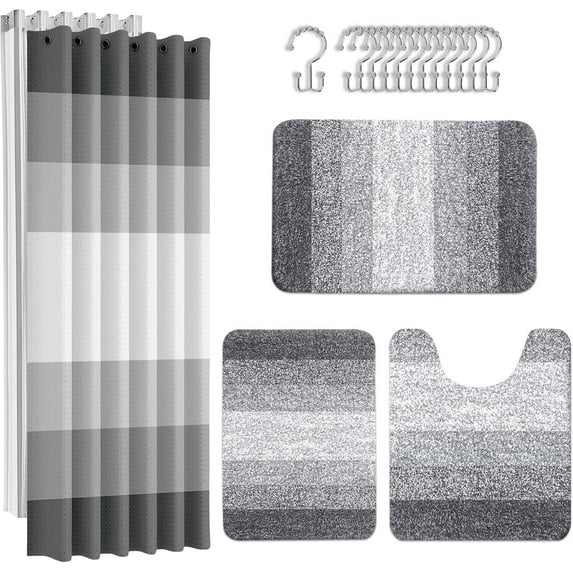 Grey Stripes Bathroom Sets with Shower Curtain and Rugs Ombre Modern Minimalist Striped Waterproof Shower Curtain Liner and Soft Non Slip Bath Mat for Bathroom Decor and Accories Hooks