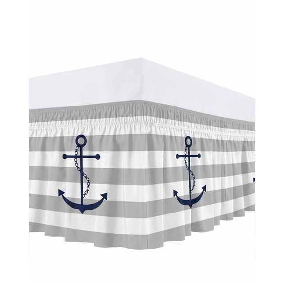 Grey Stripes Bed Skirt Anchor Nautical Geometric Bed Skirts Queen Size 16 Inch Drop, Wrap Around Dust Ruffle&nbsp;Bedskirt with Adjustable Elastic Belt for Queen Size Beds