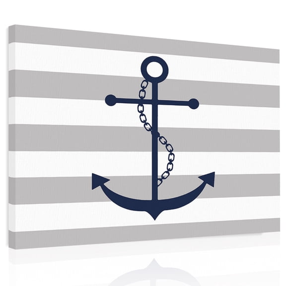 Grey Stripes Canvas Print Wall Art, Anchor Nautical Geometric Wall Decor Modern Artwork Paintings Pictures for Living Room Framed and Stretched Ready to Hang, 24" x 32"