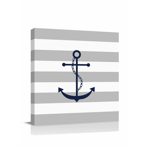 Grey Stripes Canvas Wall Art, Anchor Nautical Geometric Framed Wall Decor Modern Artwork Prints Painting for Living Room, Bedroom, Kitchen & Cafe Decor 8x8 Inch