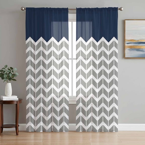 Grey Stripes Chevron Navy Chiffon Sheer Curtains 84 Inches Long, Zigzag Ripple Abstract Geometric 2 Rod Pocket Window Treatment Voile Drapes Curtains for Living Room Bedroom,2 Panels, 52x84In