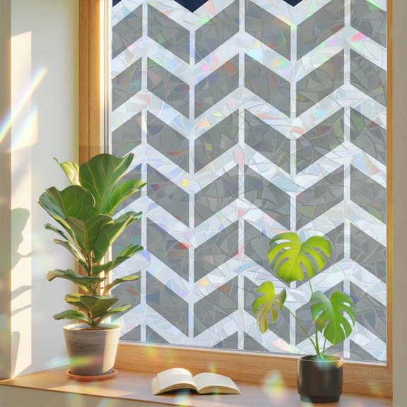 Grey Stripes Chevron Navy Window Privacy Film, Rainbow Film Decorative Window Sticker 17.7x39.3in, Zigzag Ripple Abstract Geometric Sun Blocking Static Stained Glass Cling Tint Non-Adhesive