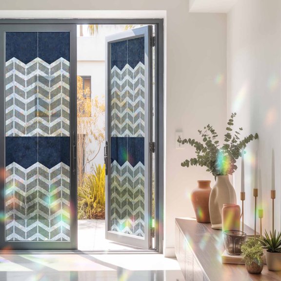 Grey Stripes Chevron Navy Window Privacy Film, Rainbow Film Decorative Window Sticker 23.6x78.7in, Zigzag Ripple Abstract Geometric Sun Blocking Static Stained Glass Cling Tint Non-Adhesive