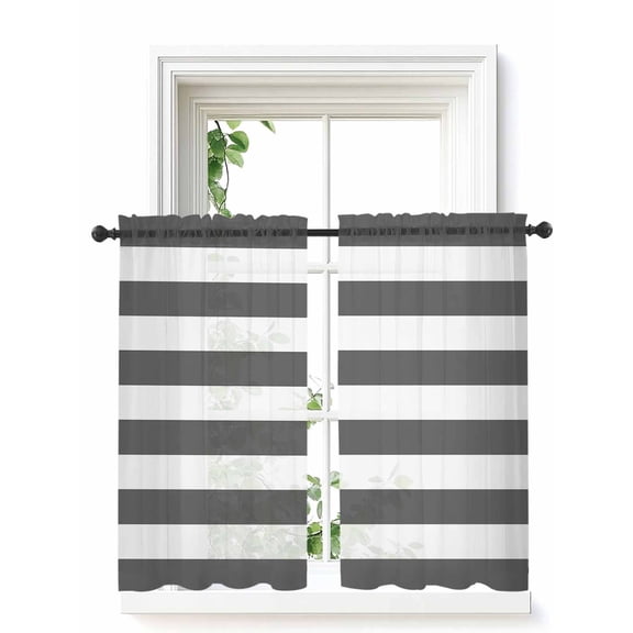 Grey Stripes Curtains 45 Inch Length, Sheer Curtains for Bedroom Living Room Window Simple Gray White Texture Rod Pocket Voile Drapes Kitchen Curtains Small Half Window 42"x45" 2 Panels