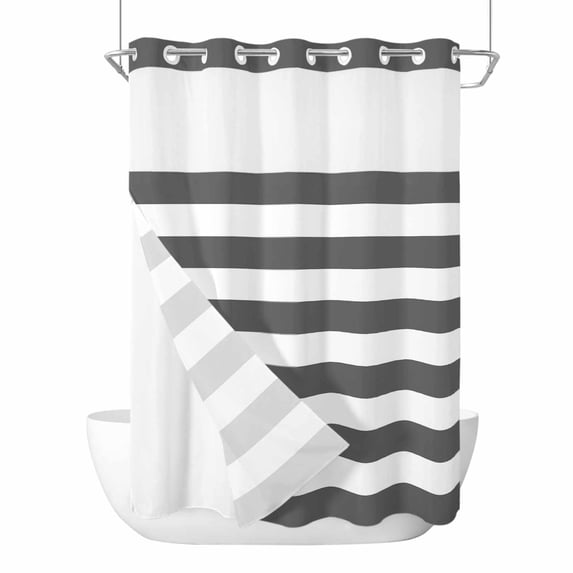 Grey Stripes No Hook Shower Curtain Waterproof, Bathroom Curtains with Snap in Liners and See Through Top Window, Simple Gray White Texture Hotel Style Bathtub Curtains Shower 72"Wx96"L