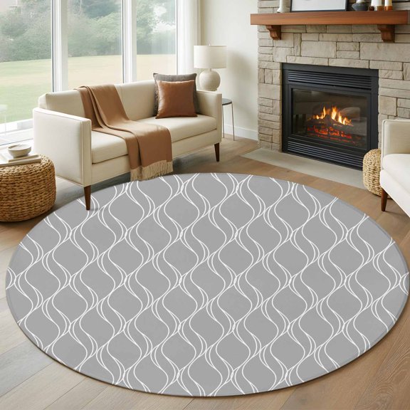 Grey Stripes Lines Round Living Room Rugs 6 ft, Abstract Waves Striped Classic Washable Area Rug with Non-Slip Sturdy Edge Binding Round Carpet for Kitchen Office Bedroom
