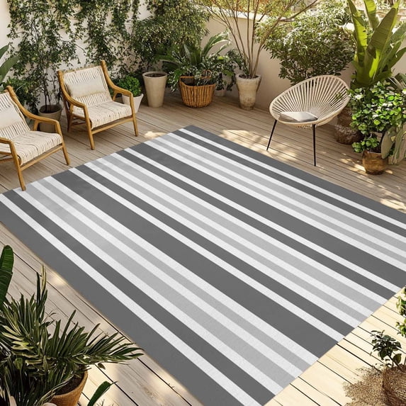 Grey Stripes Outdoor Rug 6x9 Ft - Reversible Patio Rug Outdoor Camping Rugs, Modern Minimalist Horizontal Ombre Lines Washable Indoor Outdoor Area Rugs, Non-Slip Outdoor Carpet Runner for Deck/Porch