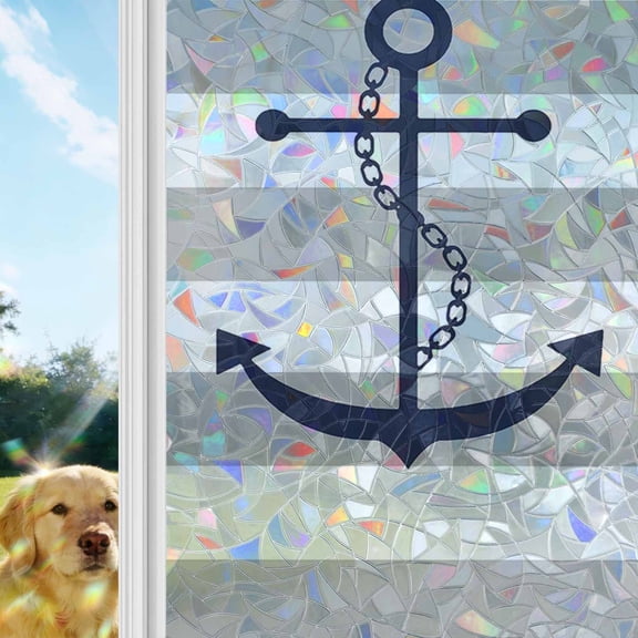 Grey Stripes Rainbow Window Privacy Film, Anchor Nautical Geometric Stained Glass Window Film, Sun Blocking Glass Clings Static Cling Non Adhesive Door Stickers 17.7 x 39.3 Inches
