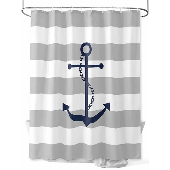 Grey Stripes Shower Curtain, Anchor Nautical Geometric Waterproof Shower Curtain Set with 12 Hooks Lightweight Washable Fabric Shower Curtains for Bathroom 72x72 Inches