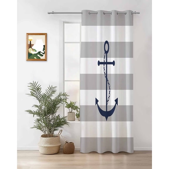 Grey Stripes Thermal Insulated Blackout Curtains for Bedroom 72 Length Anchor Nautical Geometric Room Darkening Curtain 1 Panel Grommet Window Curtain Drape for Living Room Nursery Room