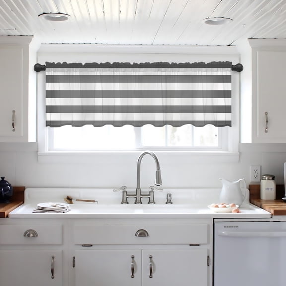 Grey Stripes Valance Curtains for Kitchen/Living Room/Bathroom/Bedroom Window, Simple Gray White Texture Rod Pocket Small Topper Half Short Window Curtains Voile Sheer Scarf 54"x18"