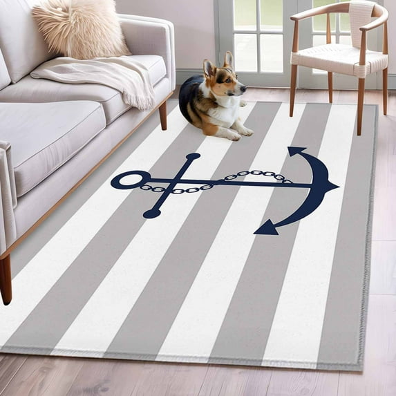 Grey Stripes Washable Area Rug 3x5 Anchor Nautical Geometric Low-Profile Large Area Rugs with Non Slip Backing Indoor Floor Carpet for Entrance Living Room Bedroom Home Office