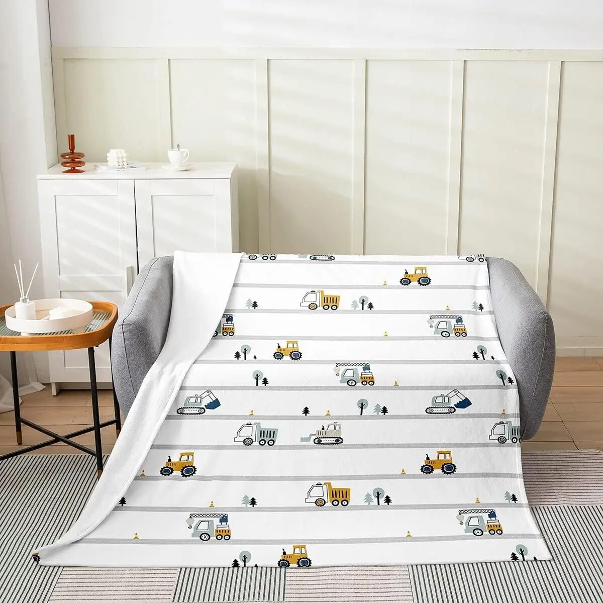 Grey Stripes White Equipment Cartoon Car Throw Blanket Construction