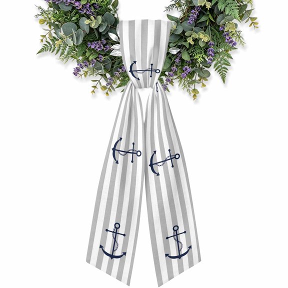 Grey Stripes Wreath Sash for Front Door, Anchor Nautical Satin Wreath Ribbon Bow Accessory Garland Home Decor for Doorway Porch Yard 4.5x56