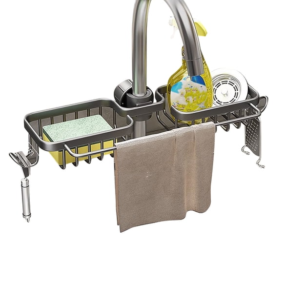 Grey Sturdy Kitchen Faucet Storage Rack Made From Aluminum Alloy, Dish Soap And Sponge Holder, Keeps Sink Area Organized And Clean With Easy Access