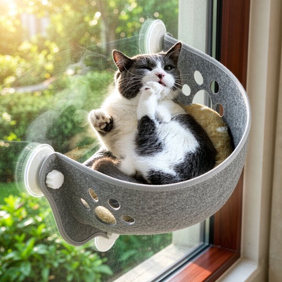 Grey Suction Cup Cat Window Bed, Felt Hanging Cat Hammock, Space Saving Window Perch for Kitten Watching Birds and Napping