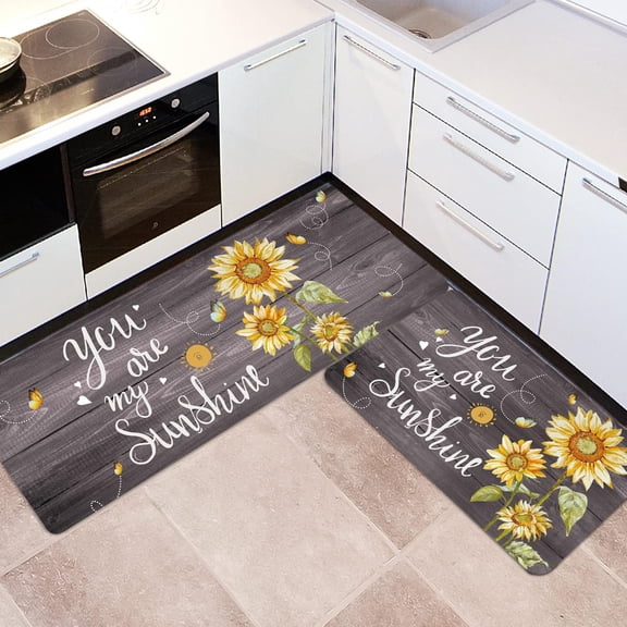 Grey Sunflower Kitchen Rugs and Mats Sets of 2 Anti Fatigue Floor Mat Waterproof PVC Leather Non Slip Kitchen Mats for Floor Doormat for Kitchen Comfort Standing Mats Area Rugs Carpet Decor