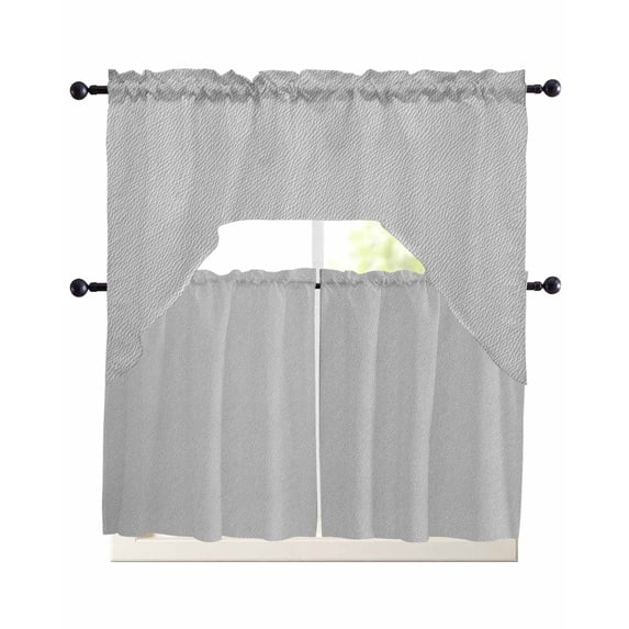 Grey Swag Kitchen Curtains Sets for Windows 24 Inch Length, Vintage Leather Patterned Texture Solid Modern Short Window Curtain Panels Swags Valances and Tiers 3 Piece Set for Cafe/Dining Room