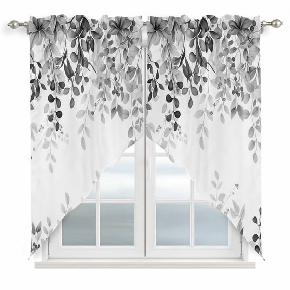 Grey Swag Valances for Windows, Kitchen Curtains 36 Inch Length 2 Panels Set, Eucalyptus Leaves Short Curtains for Small Windows Rod Pocket Cafe Curtains Drapes 28"x36"