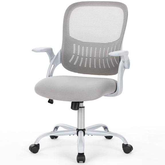 Grey Swivel Desk Chair, Height Adjustable Office Chair with Flip-Up Armrests, Rolling Design & Lumbar Support for Home Workspace
