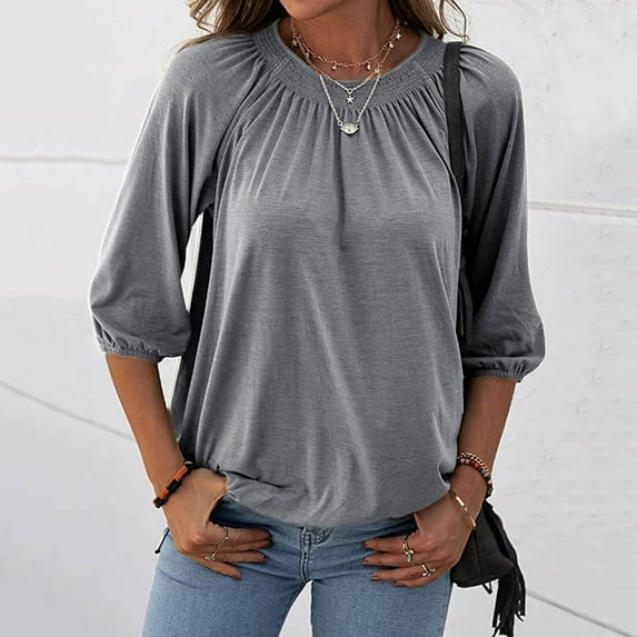 Grey T Shirts For Women's Fashion Solid Round Neck T Shirt Blouse 3/4 Sleeve Loose Pleated Tops