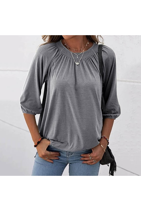 Grey T Shirts For Women's Fashion Solid Round Neck T Shirt Blouse 3/4 Sleeve Loose Pleated Tops