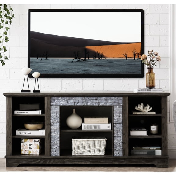 Grey TV Stand with Faux Stacked Stone Surround | For Home Entertainment, Blends Well Anywhere
