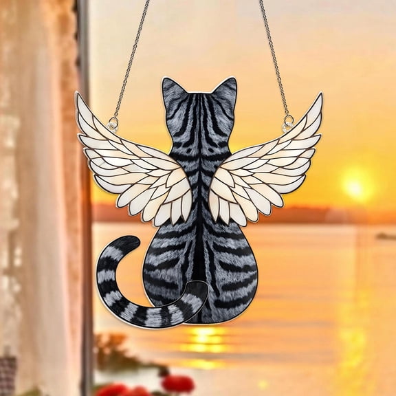 Grey Tabby Cat Angel Wings Suncatcher, Cat Memorial Window Hanging