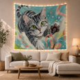 thumbnail image 1 of Grey Tabby Kitten Reaching for Butterfly Against Abstract Teal Splashes, Whimsical Illustration for Cat Lovers, Feline Art, Birthday Gift, Tapestry Wall Hanging for Bedroom and Nursery, 1 of 7