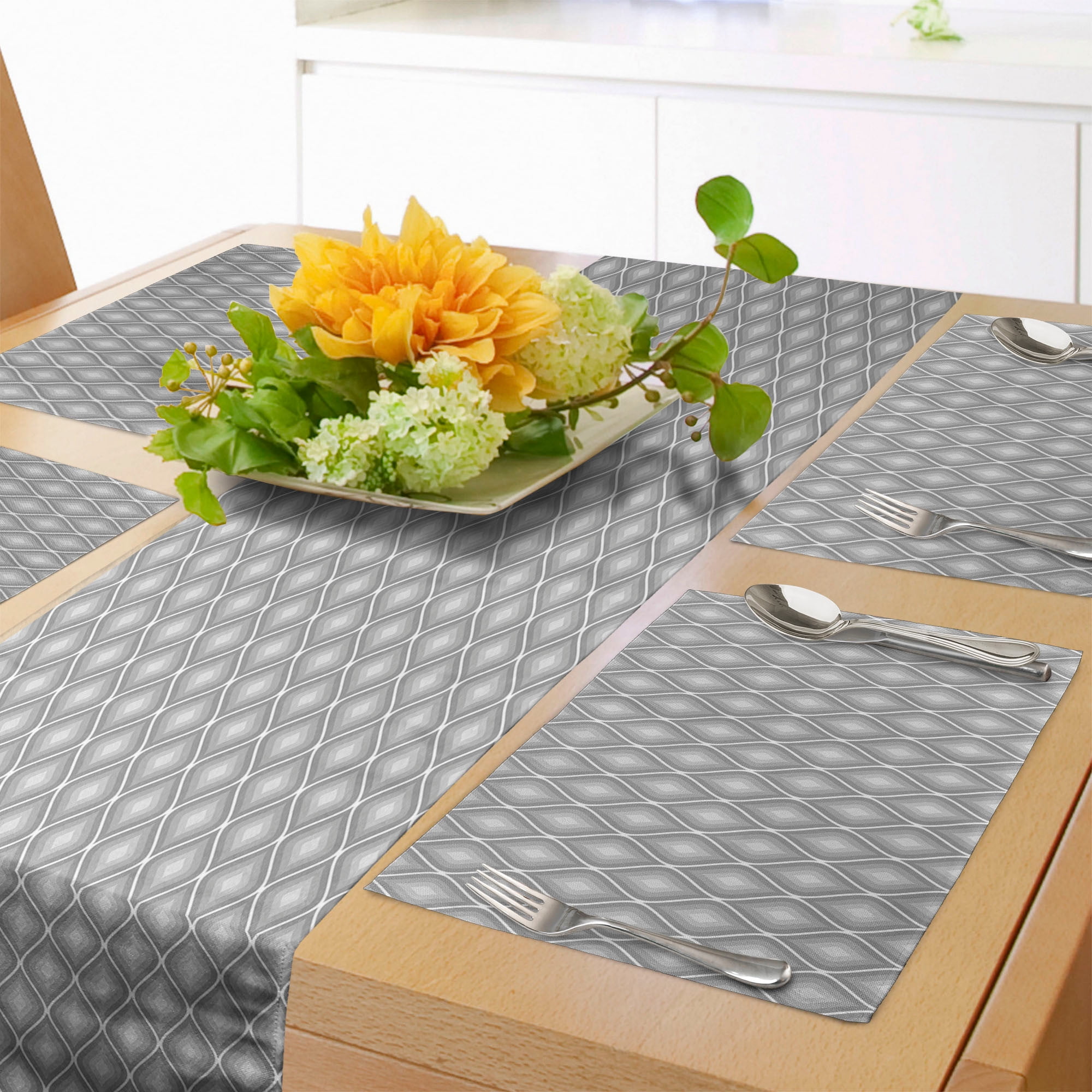 Grey Table Runner & Placemats, Rhombus Forms in Victorian Dual Linked Bound Interior Angle