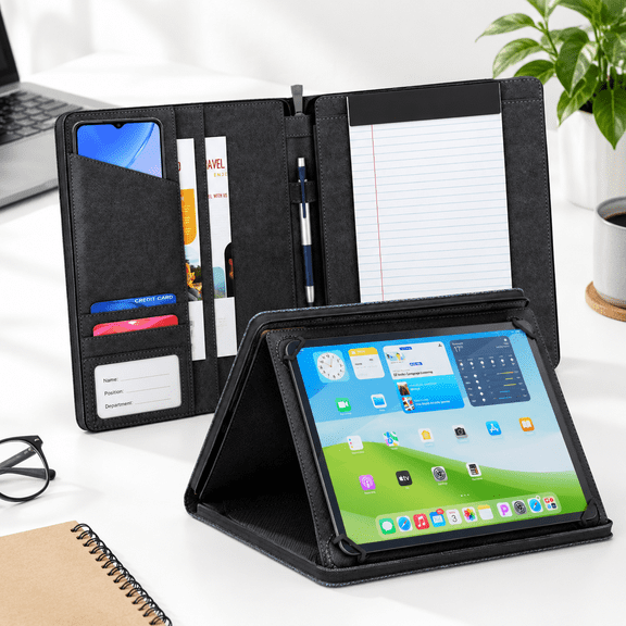 Grey Tablet Padfolio Case for 8.5 inch to 11 inch Tablets, Universal Portfolio Organizer with Notepad Holder