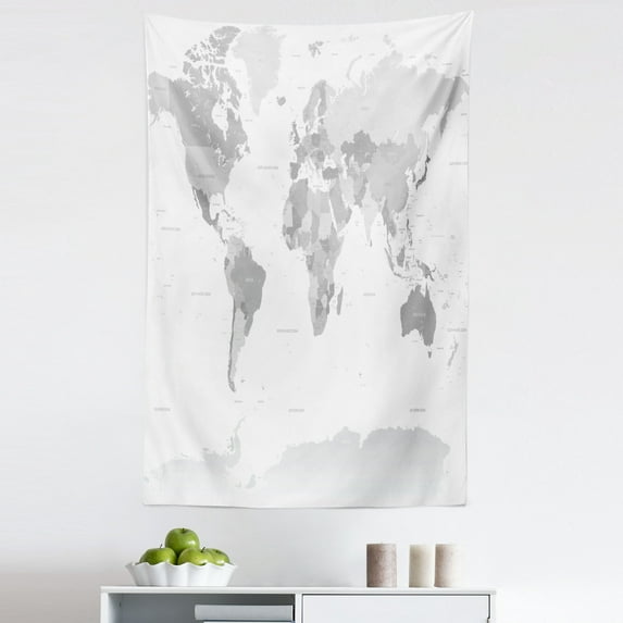 Grey Tapestry, Detailed World Map with All Countries Major Capital Cities Universe Earth Continents, Fabric Wall Hanging Decor for Bedroom Living Room Dorm, 5 Sizes, White Grey, by Ambesonne