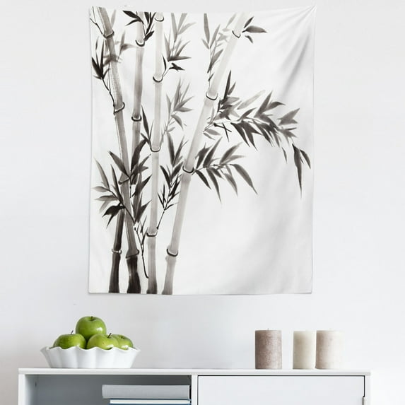 Grey Tapestry, Traditional Bamboo Leaves Meaning Wisdom Growth Renewal Unleash Your Power Art, Fabric Wall Hanging Decor for Bedroom Living Room Dorm, 5 Sizes, Grey White, by Ambesonne