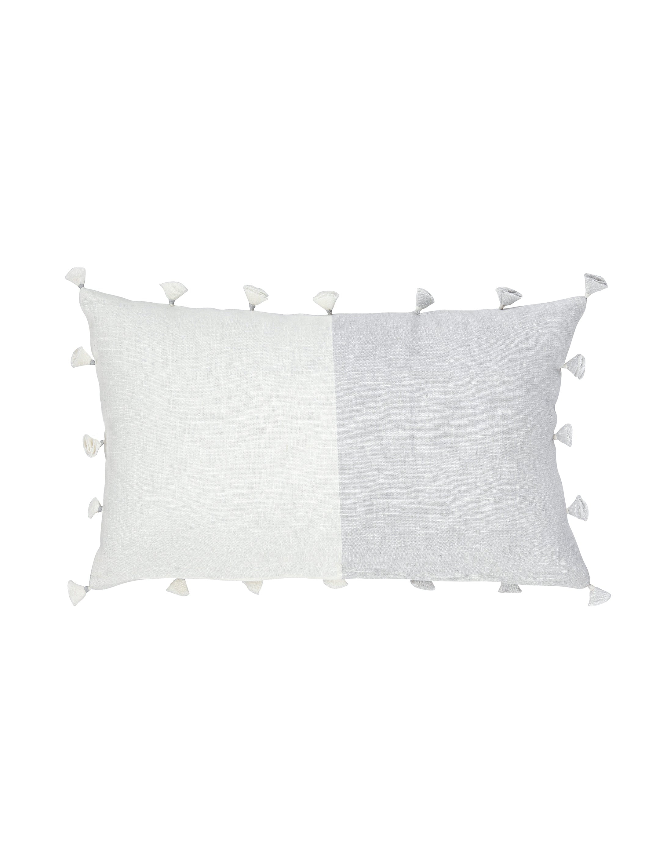 Light Grey and White Linen Tassel Throw Pillow with Down Insert